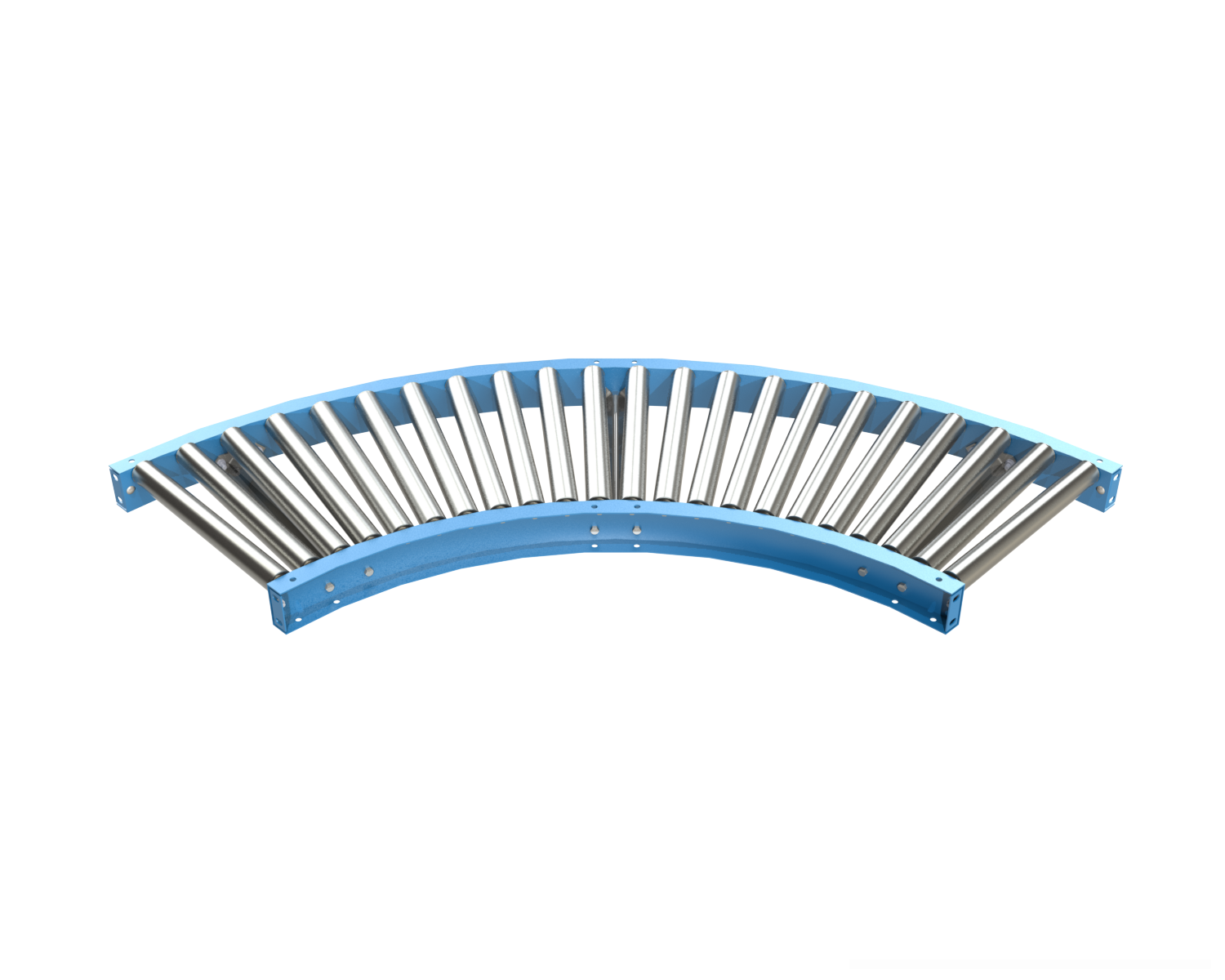 1.9" Diameter 16 ga. Gravity Roller Curves are used to provide smooth product flow through turns. Curves will convey products with minimum degree of pitch based on weight and size. Optional guard rails may be added for product protection.