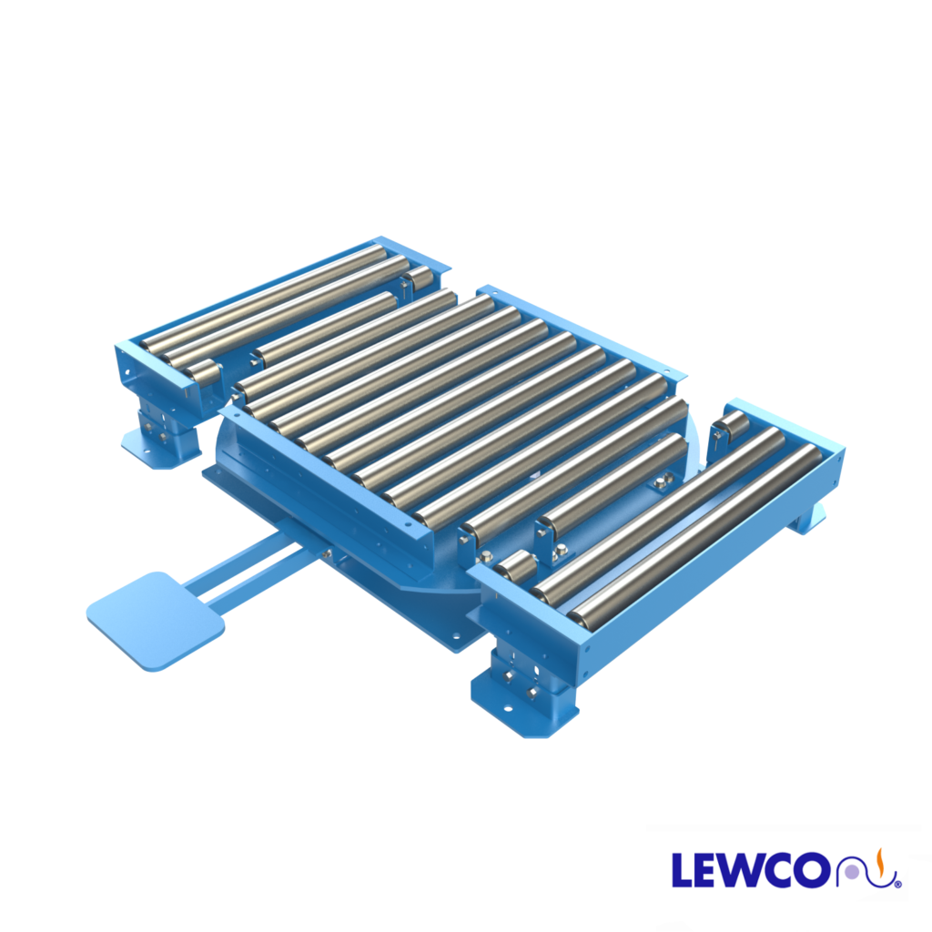 Model LPTG is a heavy duty turntable featuring a 1912 gravity roller top and concave transition sections (2 included) that can be used in a pass thru conveyor line. The transition section can be reconfigured to make 90° turns at the intersection of two gravity conveyor lines.