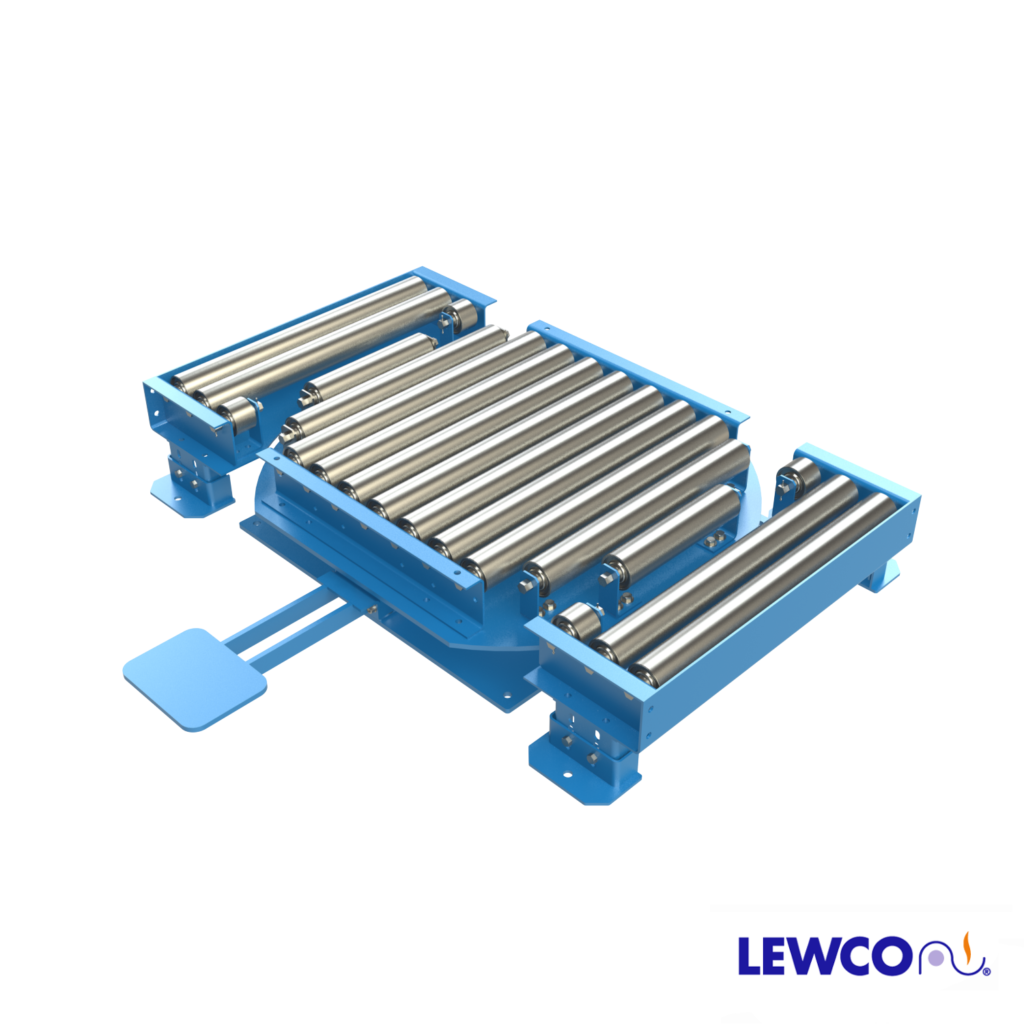 Model LPTG25 heavy duty turntable featuring a 2511 gravity roller top and concave transition sections (2 included) that can be used in a pass thru conveyor line. The transition section can be reconfigured to make 90° turns at the intersection of two gravity conveyor lines.