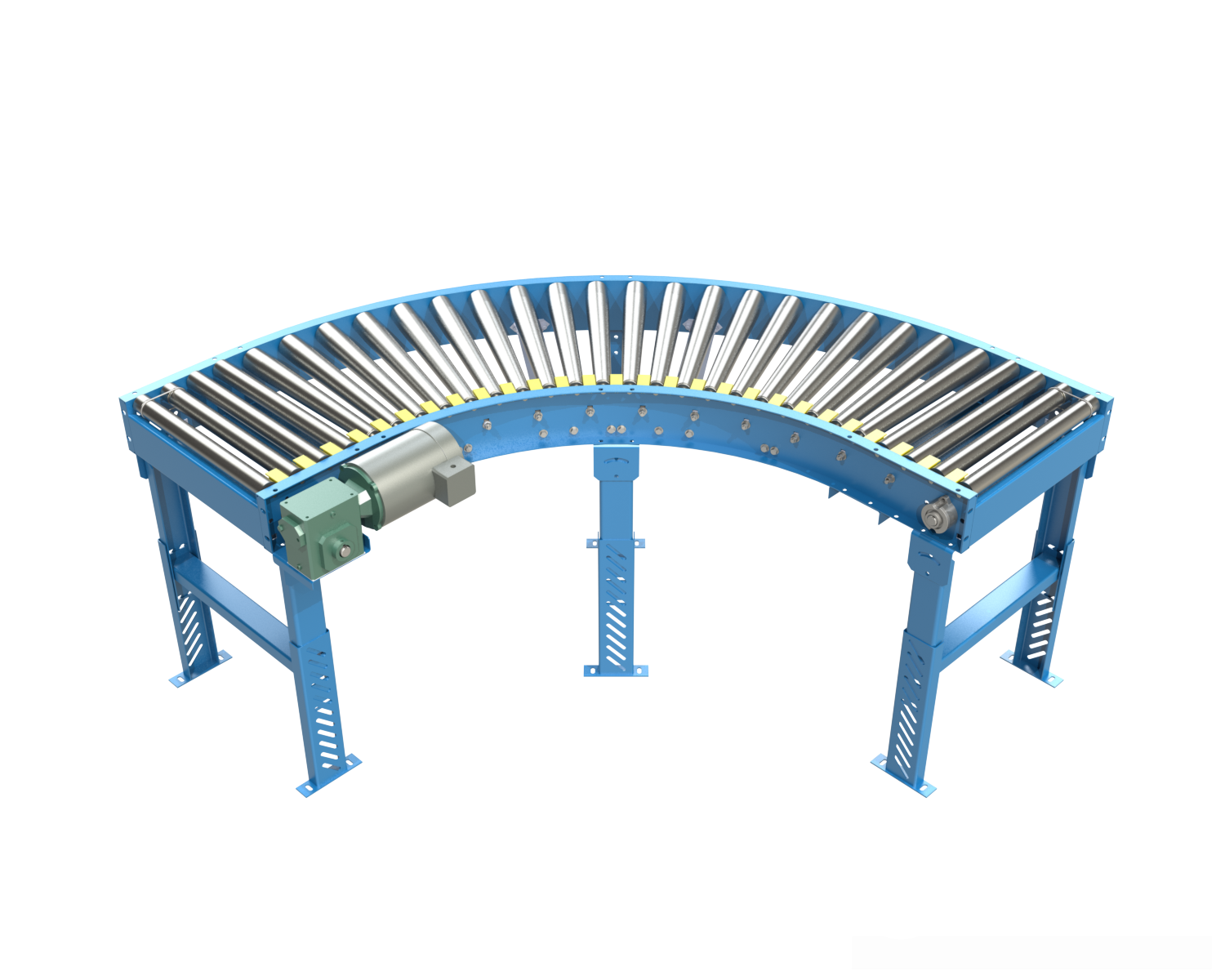 Model MDTLRC is a belt driven live roller curve that can provide positive drive for negotiating 90, 45, and 30 degree turns. Used in light and medium duty applications, the tapered rollers help maintain product orientation through the curve.