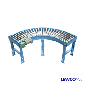 Model MDTLRC is a belt driven live roller curve that can provide positive drive for negotiating 90, 45, and 30 degree turns. Used in light and medium duty applications, the tapered rollers help maintain product orientation through the curve.