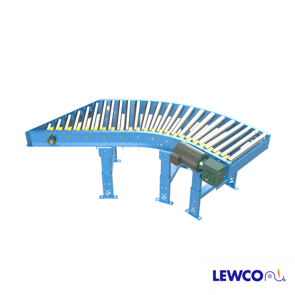Model MDTLRS is a combination spur and curve live roller conveyor used to divert off, or merge on, main trunk line conveyors at various angles. This unit is offered in 30, 45, and 60 degree options.
