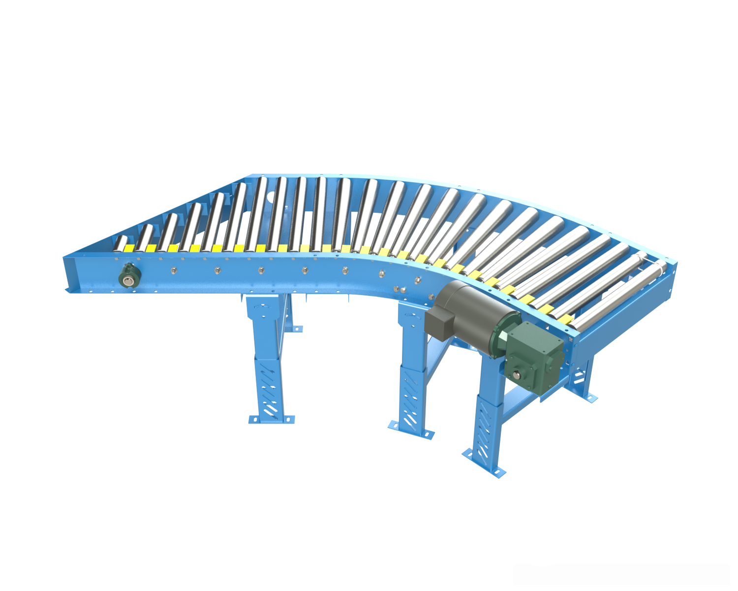 Model MDTLRS is a combination spur and curve live roller conveyor used to divert off, or merge on, main trunk line conveyors at various angles. This unit is offered in 30, 45, and 60 degree options.