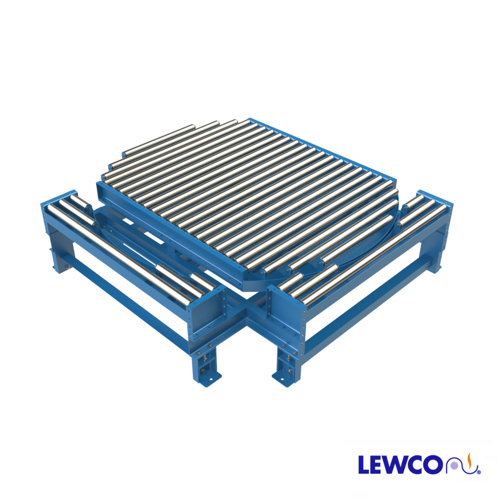 Model NPTG19 non-powered gravity conveyor turntable provides a transition that can be used in a pass thru conveyor line. The transition section can be reconfigured to make 90° turns at the intersection of two gravity conveyor lines.