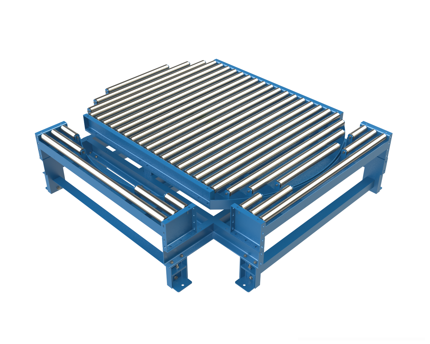 Model NPTG19 non-powered gravity conveyor turntable provides a transition that can be used in a pass thru conveyor line. The transition section can be reconfigured to make 90° turns at the intersection of two gravity conveyor lines.