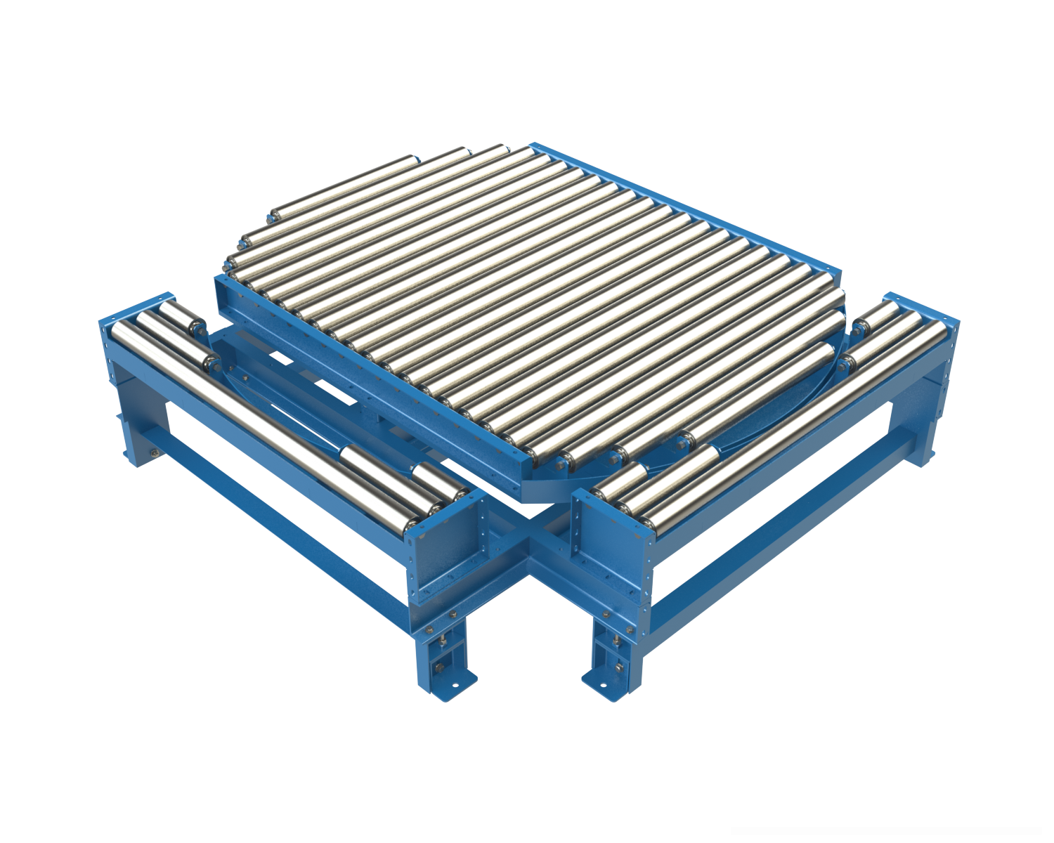 Model NPTG25 non-powered gravity conveyor turntable provides a transition that can be used in a pass thru conveyor line. The transition section can be reconfigured to make 90° turns at the intersection of two gravity conveyor lines.