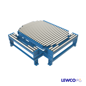 Model NPTG25 non-powered gravity conveyor turntable provides a transition that can be used in a pass thru conveyor line. The transition section can be reconfigured to make 90° turns at the intersection of two gravity conveyor lines.