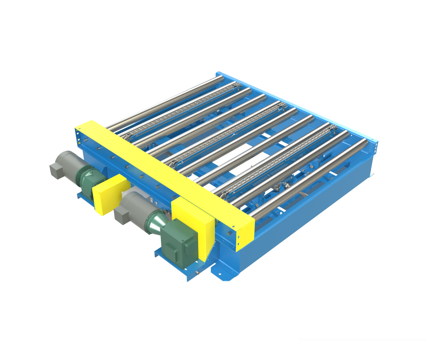 The 1500 lb. capacity Model T01C25 is a CDLR25 conveyor with integral pneumatic actuated pop-up chain transfer. Transfer chains are kept within the effective width of the CDLR. This rugged design is ideal for transferring pallets and containers with bottoms capable of conveying at right angles over the small gap that exists because of the conveyor side frame rail.