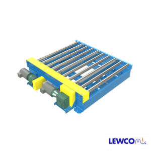 The 1500 lb. capacity Model T01C25 is a CDLR25 conveyor with integral pneumatic actuated pop-up chain transfer. Transfer chains are kept within the effective width of the CDLR. This rugged design is ideal for transferring pallets and containers with bottoms capable of conveying at right angles over the small gap that exists because of the conveyor side frame rail.