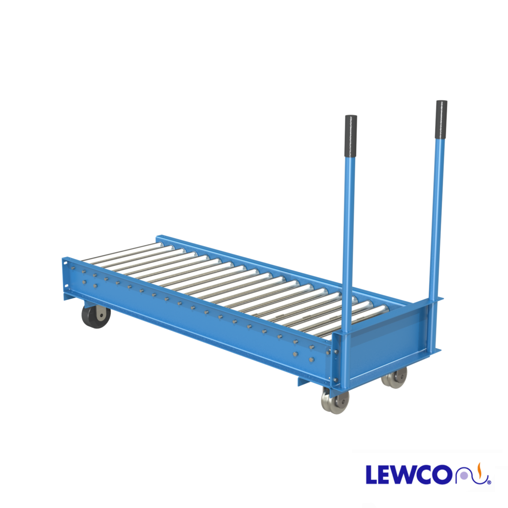 Model TC1912 medium duty manual transfer car allow product to be moved from one lane to another parallel lane within a system. These units are fixed to a set of tracks which facilitate easy movement and positioning in front on the lanes to be loaded or unloaded from the car.