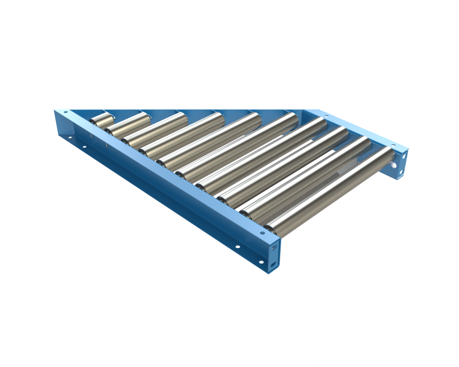 1.9" Diameter 16 ga. Gravity Roller Spurs are used to divert off, or merge on, main trunk line conveyors at various angles. They are often used when several lines transfer onto a main conveyor line, from work stations or similar applications.