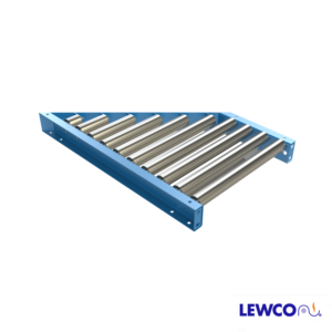1.9" Diameter 16 ga. Gravity Roller Spurs are used to divert off, or merge on, main trunk line conveyors at various angles. They are often used when several lines transfer onto a main conveyor line, from work stations or similar applications.
