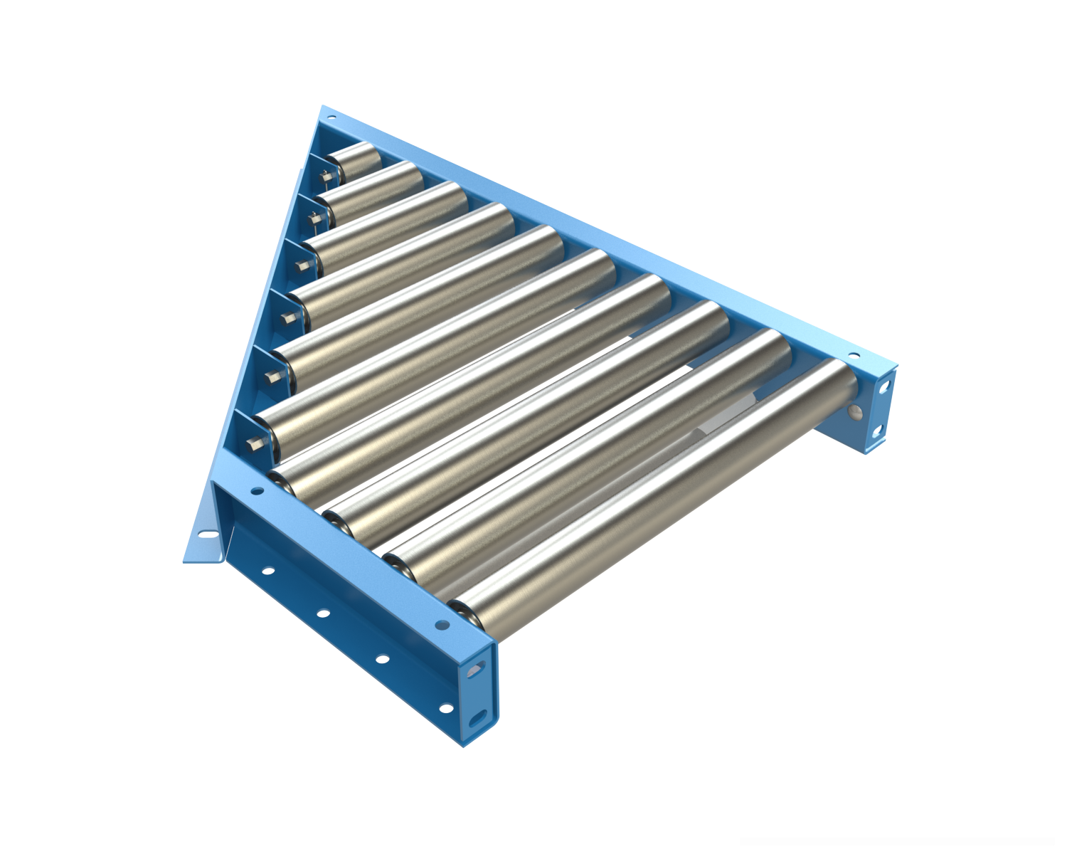 1.9" Diameter 16 ga. Gravity Roller Spurs are used to divert off, or merge on, main trunk line conveyors at various angles. They are often used when several lines transfer onto a main conveyor line, from work stations or similar applications.