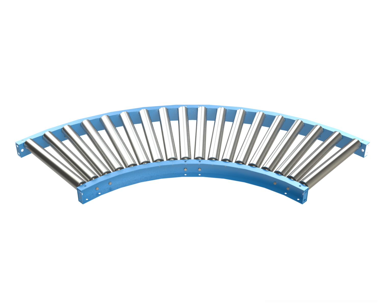 2.5" O.D. x 14 ga. Gravity Roller Curves are used to provide smooth product flow through turns. Curves will convey products with minimum degree of pitch based on weight and size. Optional guard rails may be added for product protection.