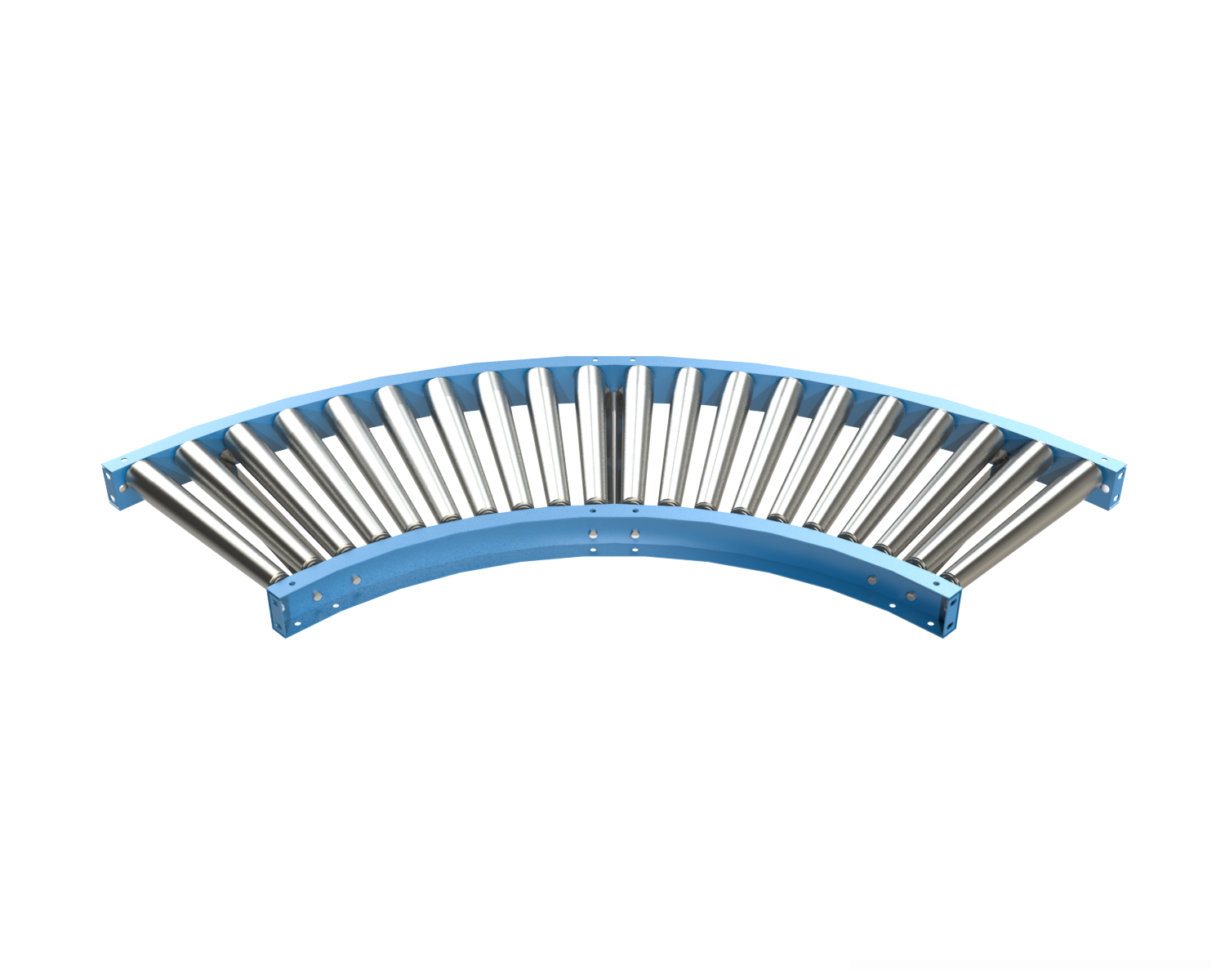 The 25TRC is provided with tapered rollers to maintain product orientation, and is commonly used with 1912, 1916, and 2514 gravity roller conveyors. Optional guard rails may be added for product protection.