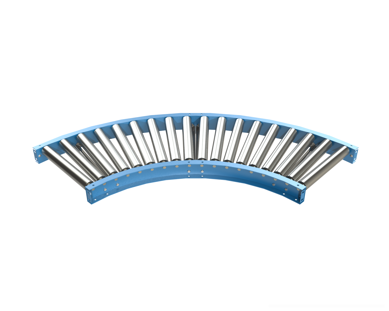 2.5" Diameter 11 ga. Gravity Roller Curves are used to provide smooth product flow through turns. Curves will convey products with minimum degree of pitch based on weight and size. Optional guard rails may be added for product protection.