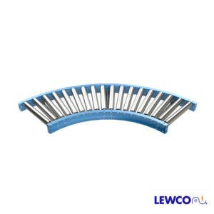 2.5" Diameter 11 ga. Gravity Roller Curves are used to provide smooth product flow through turns. Curves will convey products with minimum degree of pitch based on weight and size. Optional guard rails may be added for product protection.
