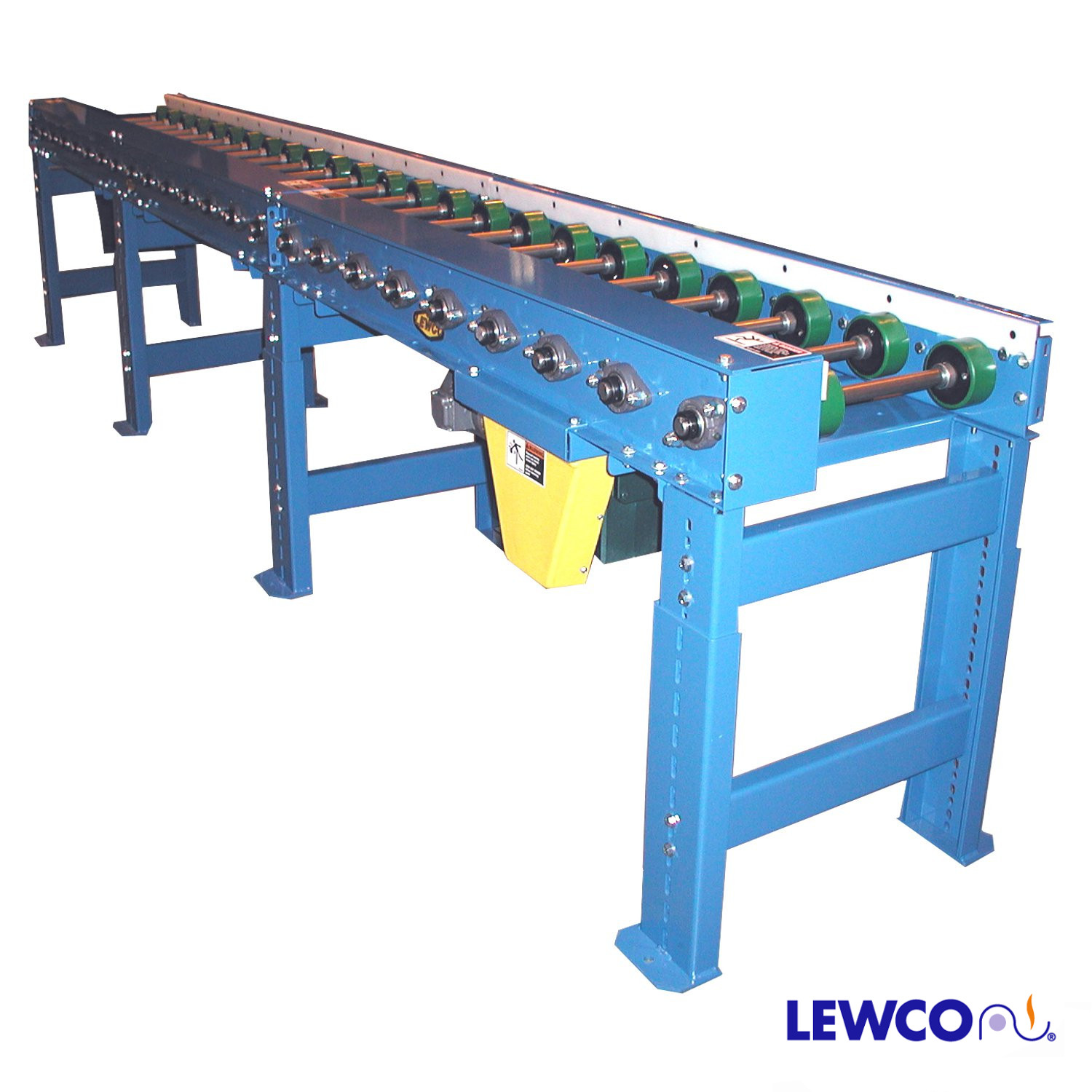 Chain Roller Conveyor with Accumulation Wheels and UHMW Guardrail