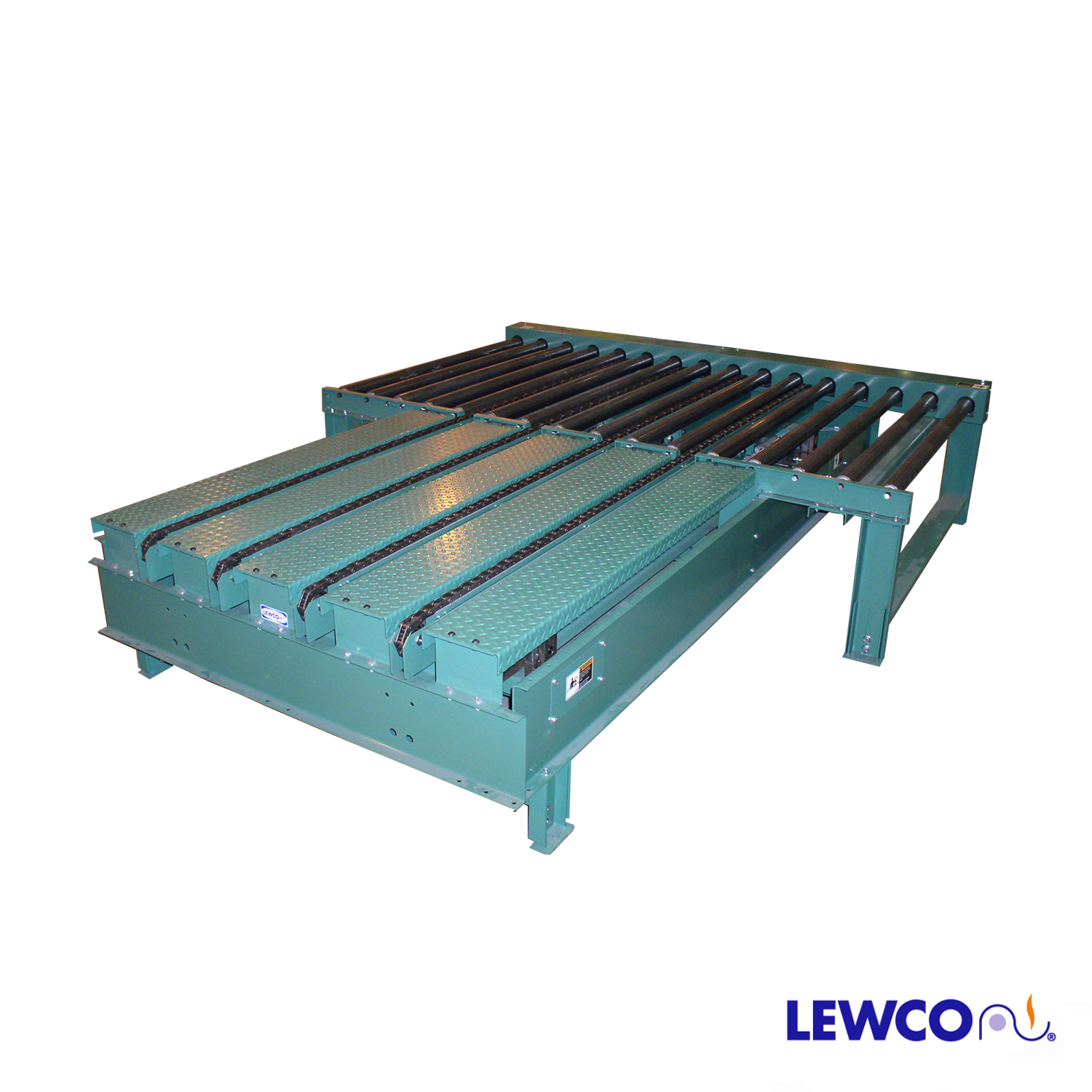 Chain Roller Conveyor with Chain Transfer to Work Platform Lewco