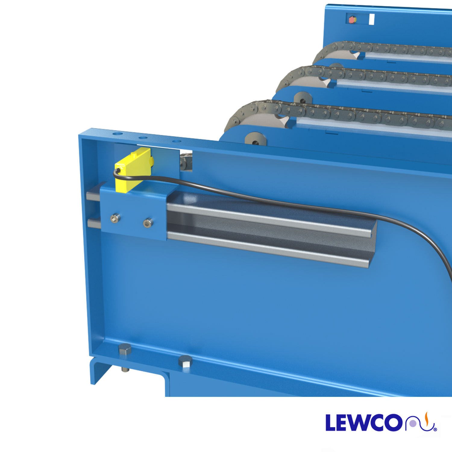 Drag Chain Conveyor with Unistrut Mounted Product Sensor Lewco Conveyors