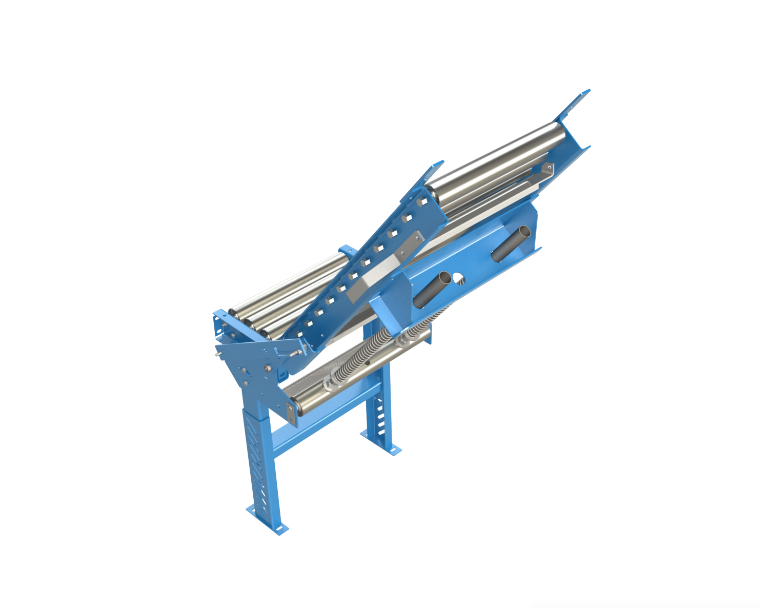 This hinged conveyor provides an opening for convenient access to either side of a conveyor line. Low maintenance design, can be easily adjusted to lift with a minimal amount of effort.