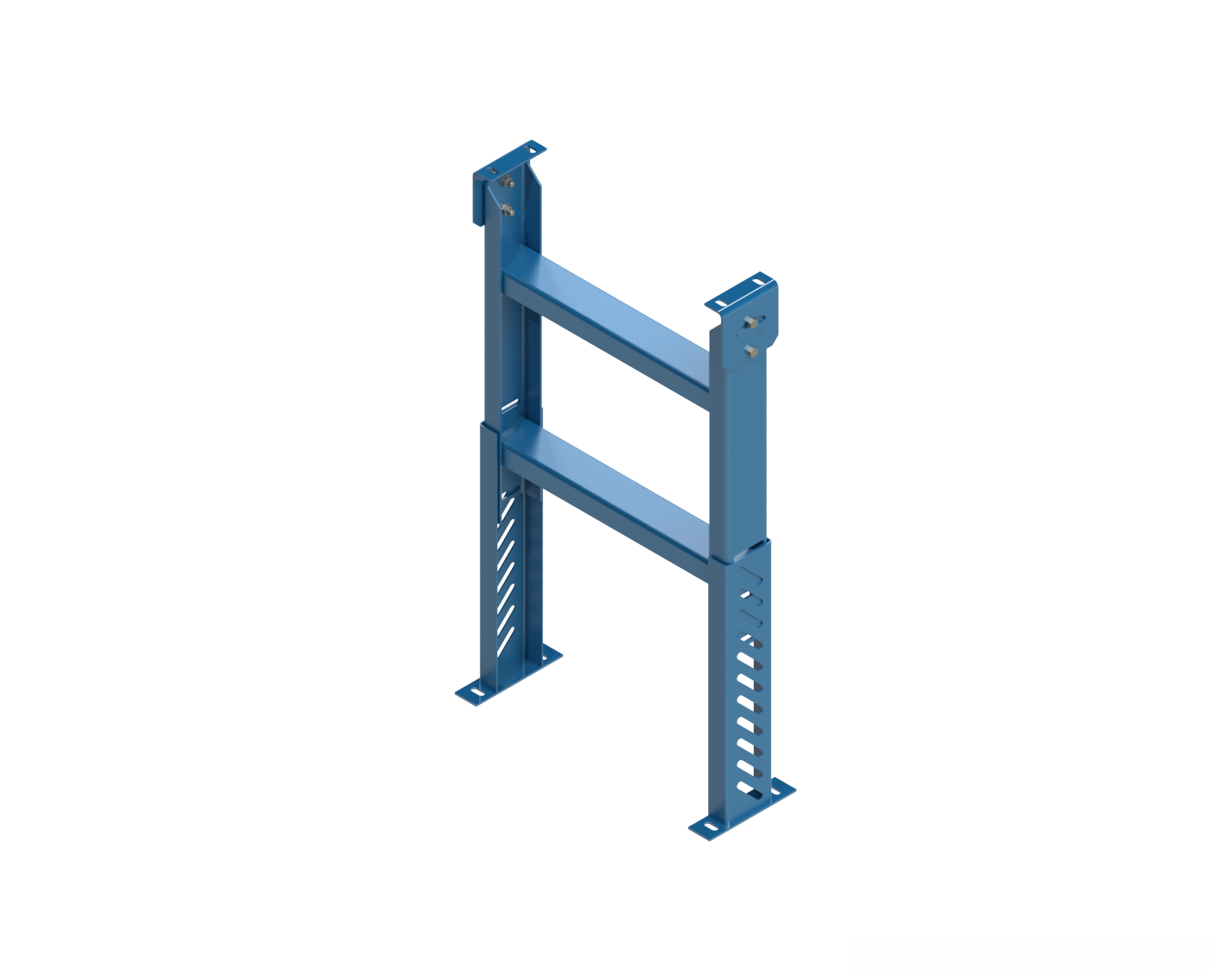 SPH model heavy duty, stationary ”H” style floor supports are easily adjusted and anchored. These supports feature a top pivot plate for applications requiring the conveyor to be set on an angle.