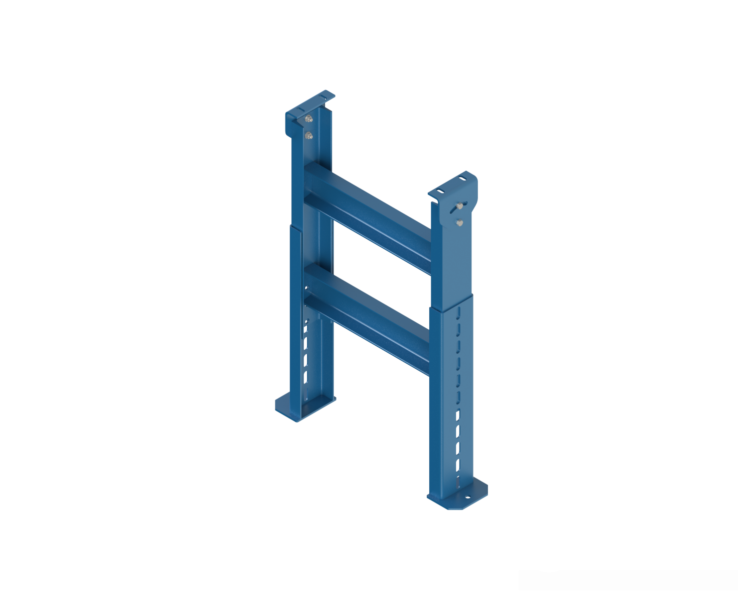 SPS model heavy duty, structural steel, stationary ”H” style floor supports are easily adjusted and anchored. These supports feature a top pivot plate for applications requiring the conveyor to be set on an angle.