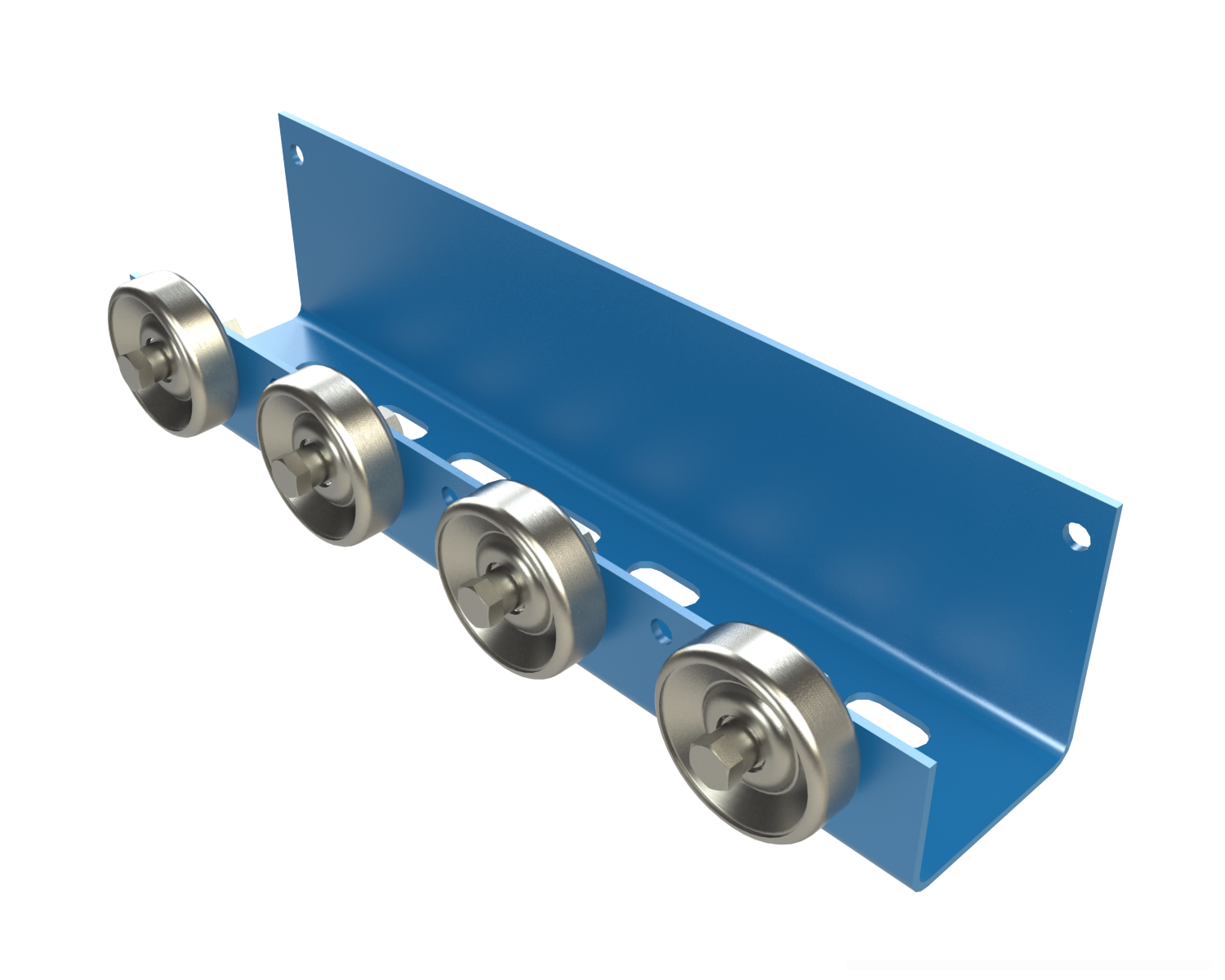 Wheel Rail Conveyors provide an economical means of conveying products in flow racks and other gravity applications. WRG is medium duty rail that can be utilized as a tote, box, or carton rail. The shape of the frame provides an integrated guardrail for load containment. The last wheel can be mounted higher to provide an end stop.