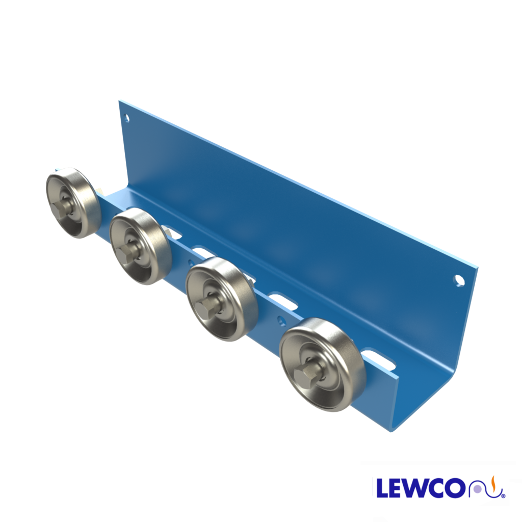 Wheel Rail Conveyors provide an economical means of conveying products in flow racks and other gravity applications. WRH is heavy duty rail that can be utilized as a tote, box, or carton rail. The shape of the frame provides an integrated guardrail for load containment, while the staggered wheel pattern conveys irregularly shaped loads. The last wheel can be mounted higher to provide an end stop.