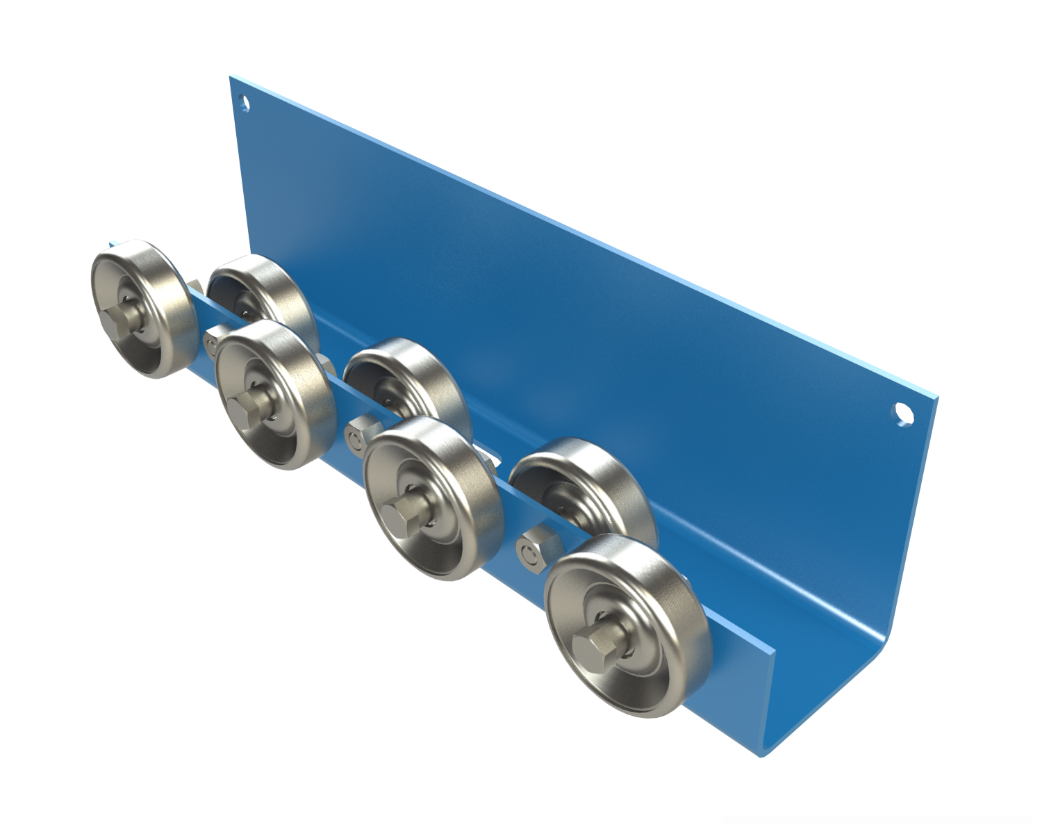 Wheel Rail Conveyors provide an economical means of conveying products in flow racks and other gravity applications. WRL is heavy duty rail that can be utilized as a tote, box, or carton rail. The shape of the frame provides an integrated guardrail for load containment, while the staggered wheel pattern conveys irregularly shaped loads. The last wheel can be mounted higher to provide an end stop. The WRL offers a higher guardrail than the WRH model.