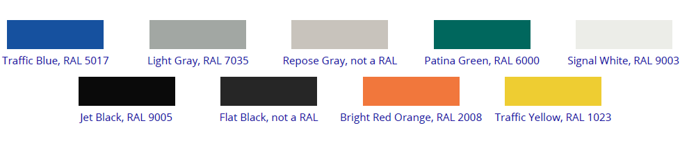 color swatches: Traffic Blue, Light Gray, Repose Gray, Patina Green, Signal White, Jet Black, Flat Black, Bright Red Orange, Traffic Yellow